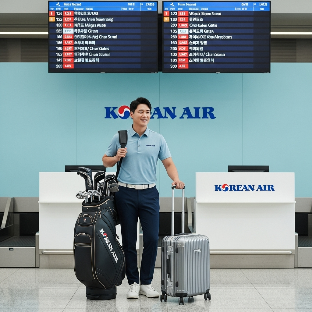 2025년 대한항공 골프백 수하물 규정을 확인하는 한국인 남성 골퍼의 모습