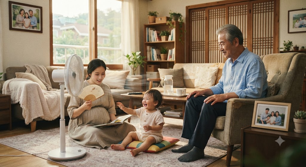 노인, 임산부, 영유아 가정이 선풍기를 쐬며 행복한 시간을 보내고 있는 모습