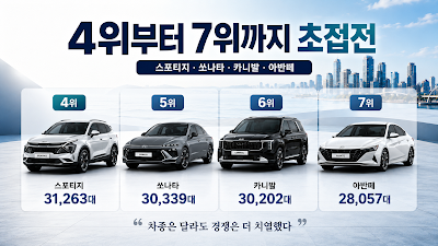 스포티지·쏘나타·카니발·아반떼의 상반기 판매량을 비교한 이미지