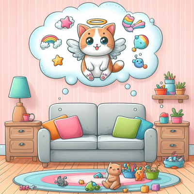 고양이가 구름 속에서 별과 다양한 아이템을 꿈꾸고 있다.