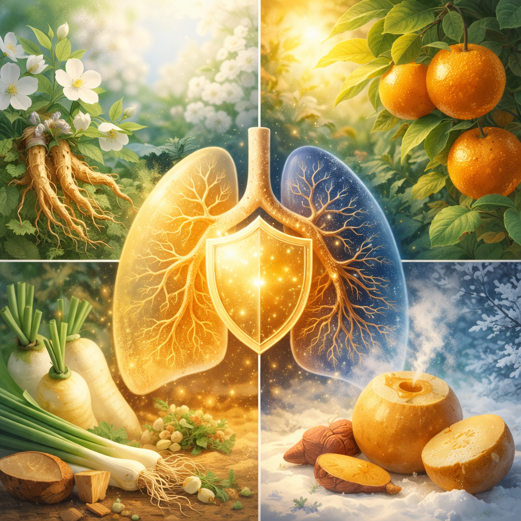사계절을 견딘 식재료와 보호막처럼 감싸진 폐를 통해 기침·면역·기관지 회복을 설명한 일러스트, 무·귤·배 등 환절기 음식과 점막 보호 개념을 시각화한 이미지