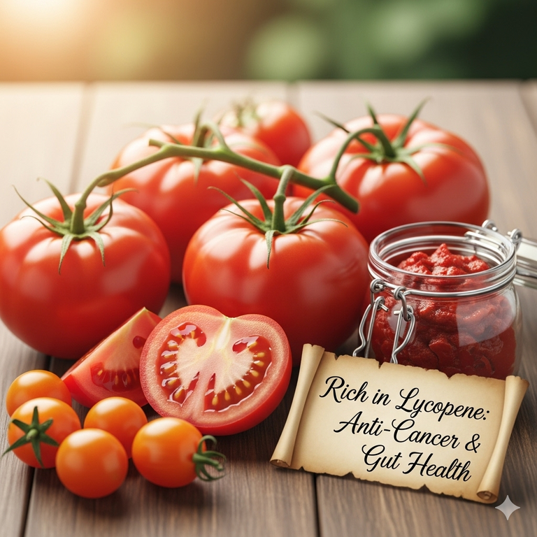 리코펜이 풍부한 토마토는 항암 효과와 장 건강에 이롭습니다.