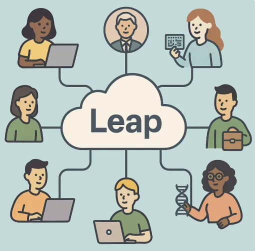 &quot;클라우드 모양의 'Leap' 플랫폼을 중심으로 다양한 사용자들이 노트북, DNA 모델, 데이터 보드 등을 들고 연결된 모습을 나타낸 일러스트. Leap의 글로벌 클라우드 양자 컴퓨팅 플랫폼을 상징적으로 표현.&quot;