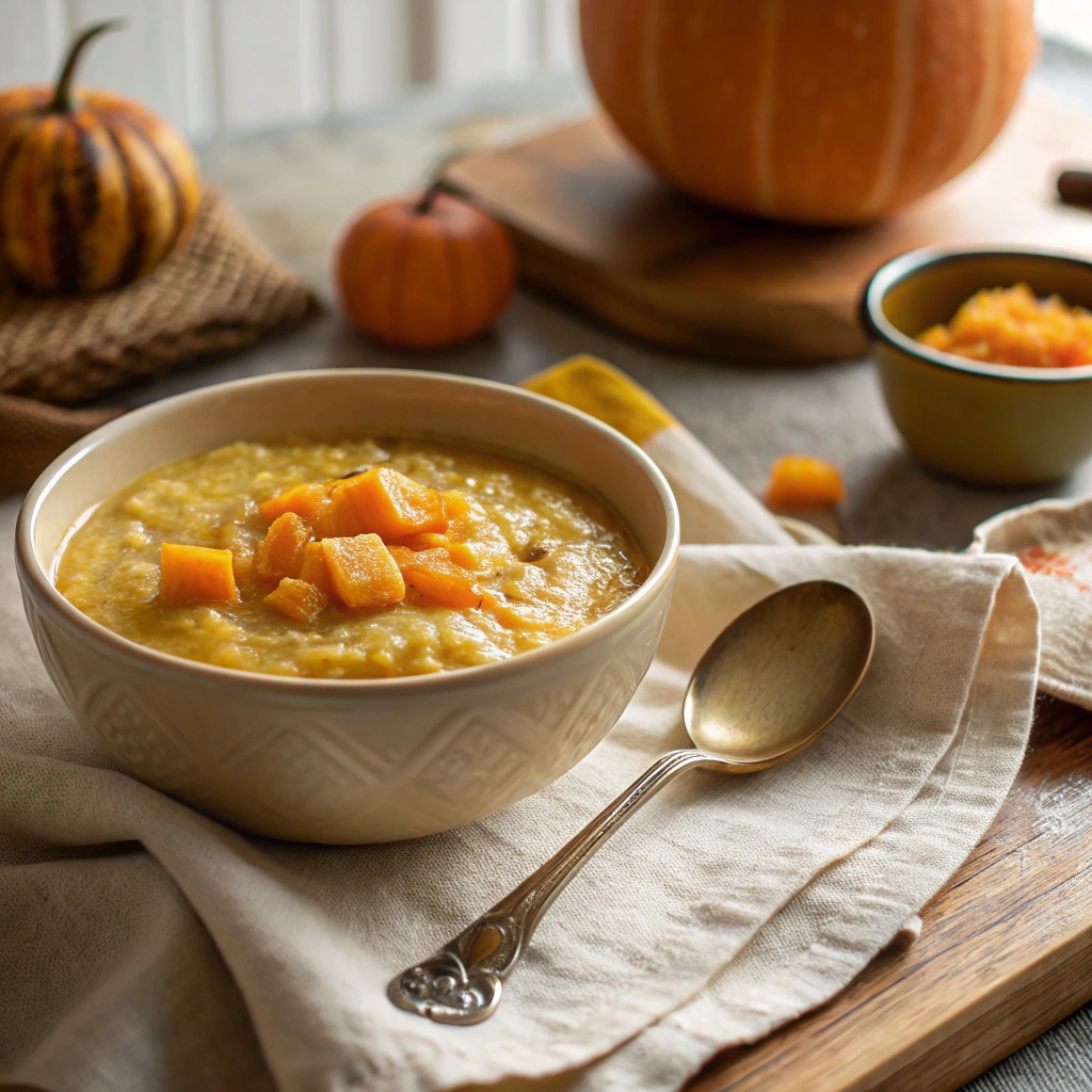 사기 그릇에 담겨있는 따뜻하고 먹음직한 호박죽