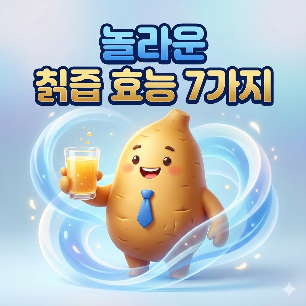 웃는 칡 캐릭터가 칡즙 한 잔을 권하는 3D 카툰 일러스트. '놀라운 칡즙 효능 7가지'라는 문구가 있어 칡즙의 다양한 이점을 직관적으로 보여줍니다.