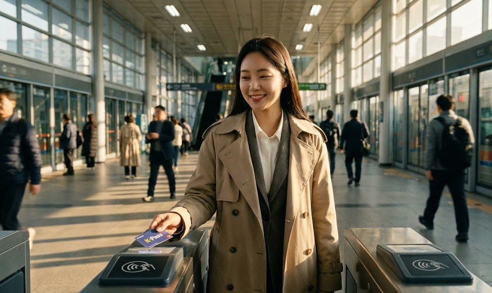 붐비는 출근길 지하철 개찰구에서 교통카드를 태그하며 활기차게 걸어 나가는 직장인의 모습.