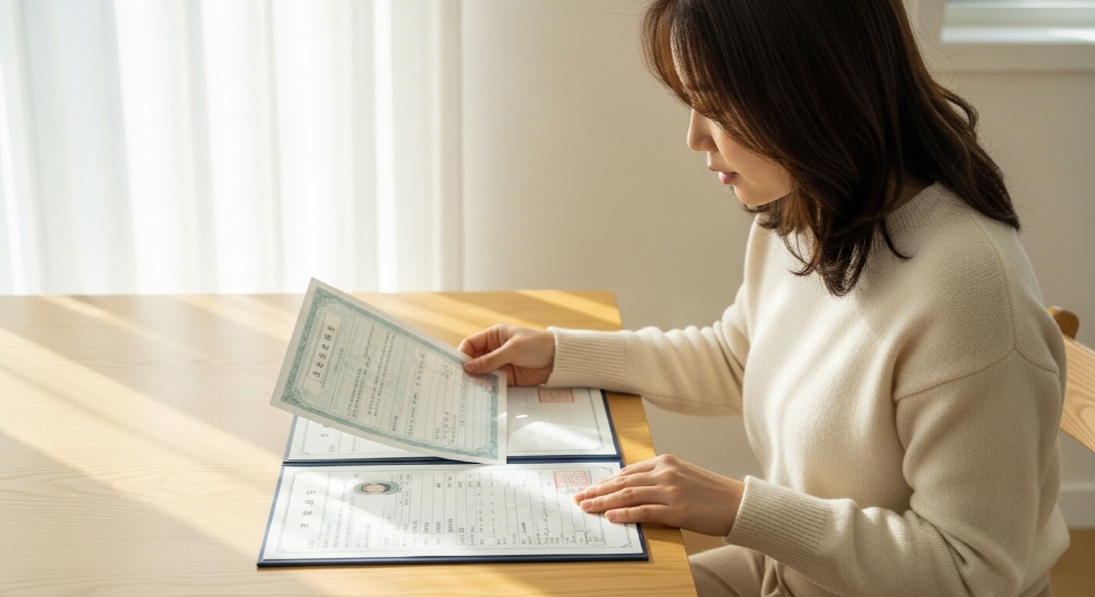 자녀 출생증명서와 가족관계증명서 펼쳐진 책상