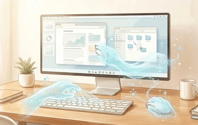 GPT-5.4: 상아색 톤의 정돈된 책상 위 모니터와 주변기기를 묘사한 일러스트입니다. 화면에는 문서 창이 띄워져 있고&amp;#44; 반짝이는 청록색 빛으로 형상화된 투명한 AI의 손이 마우스와 키보드를 직접 조작하며 업무를 처리하고 있습니다. 맑은 수채화 느낌의 페인터리 리얼리즘 기법을 활용해 GPT-5.4의 네이티브 컴퓨터 사용 기능과 에이전트 자동화 능력을 직관적으로 시각화했습니다. (GPT-5.4&amp;#44; AI Agent&amp;#44; Computer Use&amp;#44; Automation) 