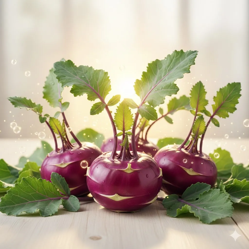 밝은 배경에 신선하고 껍질이 윤기 나는 보라색 콜라비 몇 개가 놓여 있습니다. 주변에는 초록색 잎사귀가 신선함을 더하고&amp;#44; 건강함을 상징하는 부드러운 빛이 콜라비를 감싸고 있습니다.