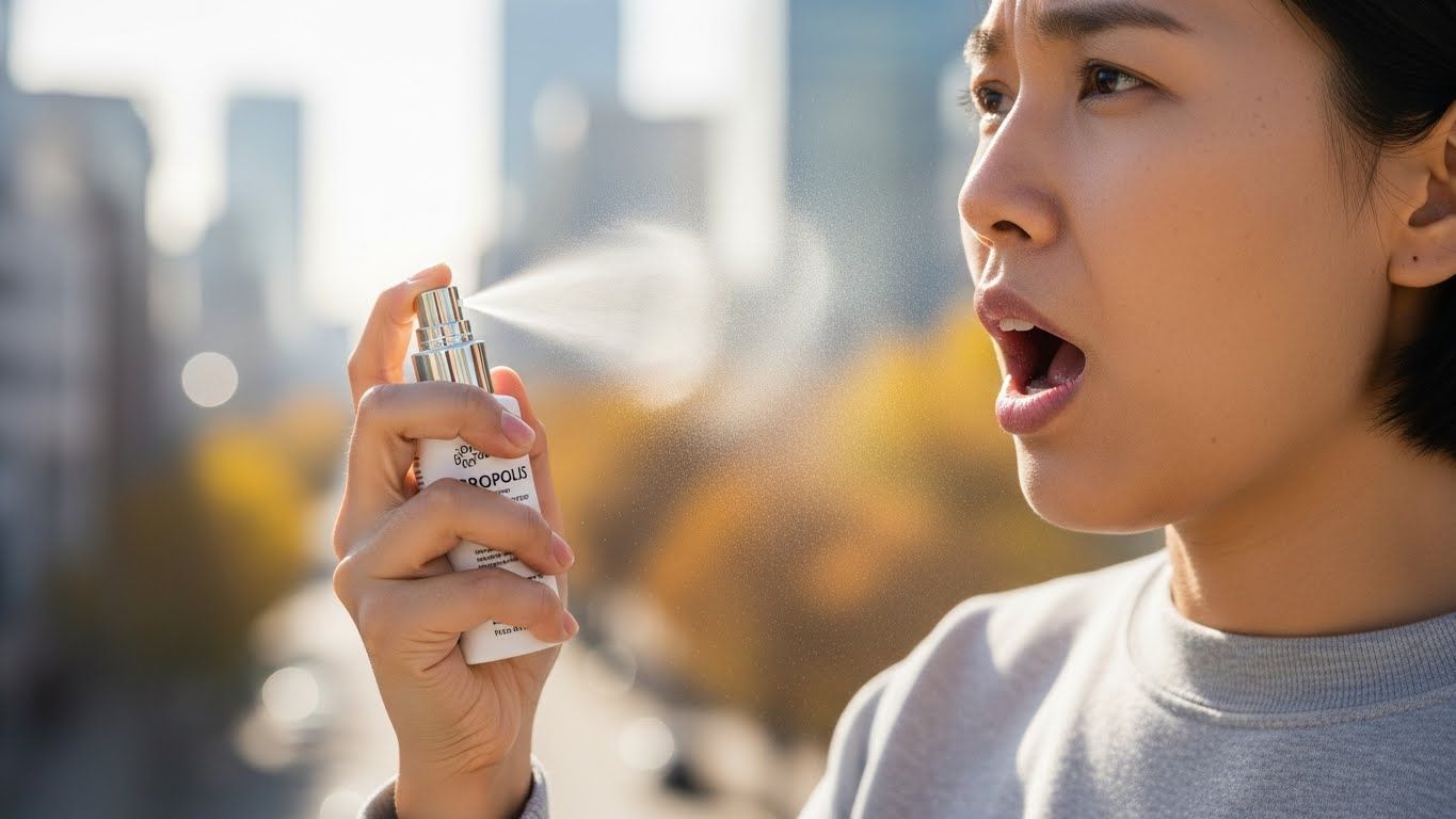 분명히 아시아인인 한 사람이 걱정스럽지만 굳은 표정으로 열린 입안에 프로폴리스 스프레이를 부드럽게 뿌리고 있습니다.