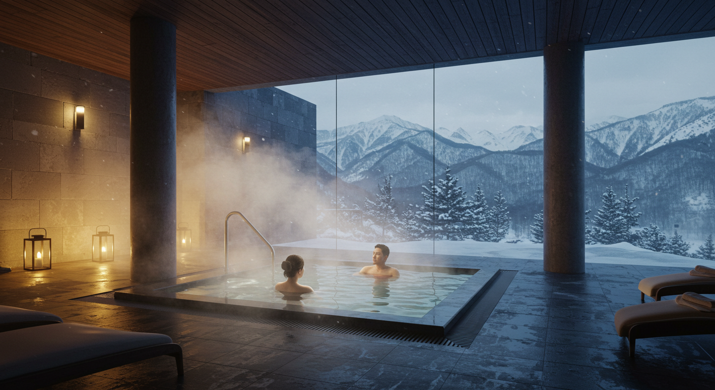 평창 럭셔리 리조트의 개인 스파 풀에서 한국인 커플이 휴식하는 모습