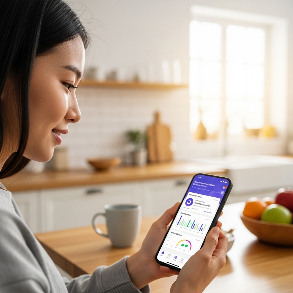 a mobile health app on her smartphone in a bright kitchen