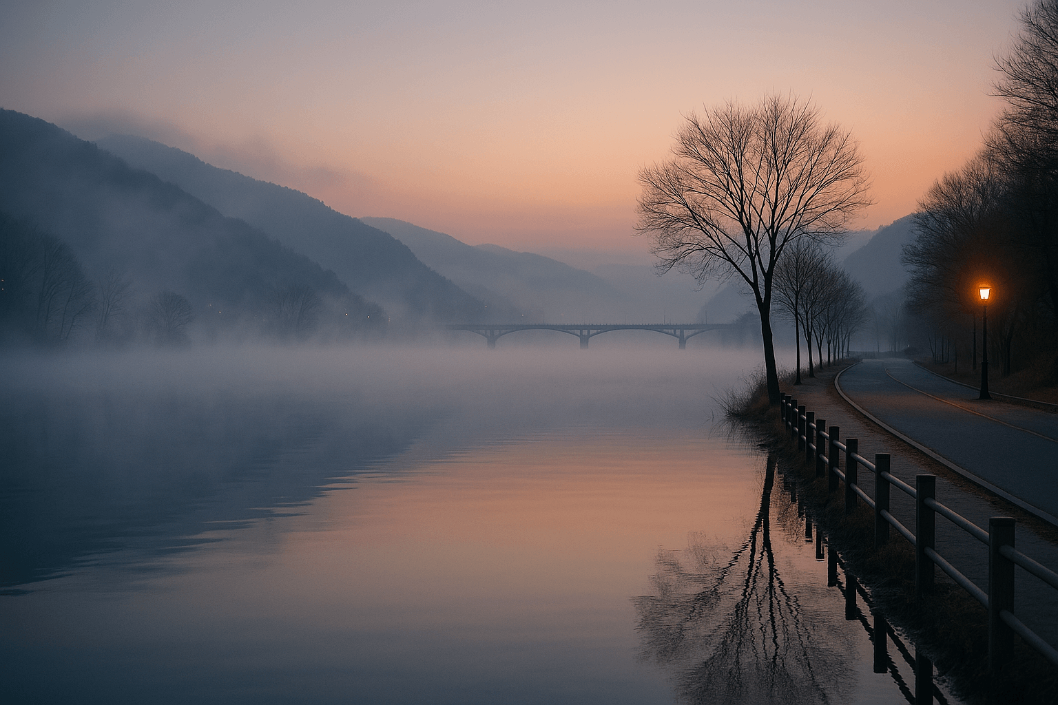 11월 춘천 의암호 물안개 산책, 늦가을 호수 위에 피어오르는 몽환적인 새벽 풍경