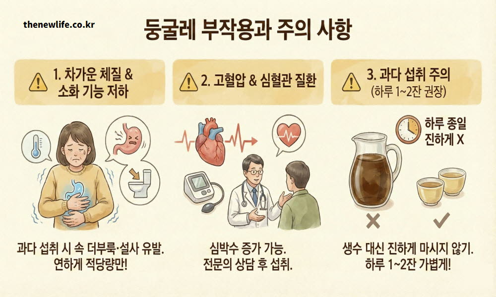둥굴레 차 효과의 부작용과 주의 사항을 설명하는 이미지