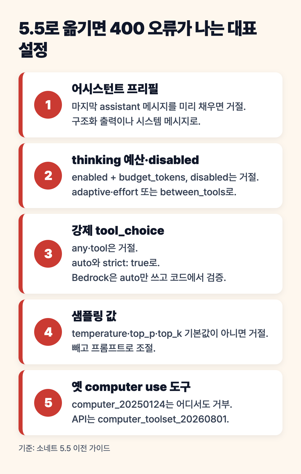 소네트 5.5로 옮기면 400 오류가 나는 설정 다섯 가지: 어시스턴트 프리필, thinking 예산, 강제 tool_choice, temperature 등 샘플링 값, 옛 computer use 도구