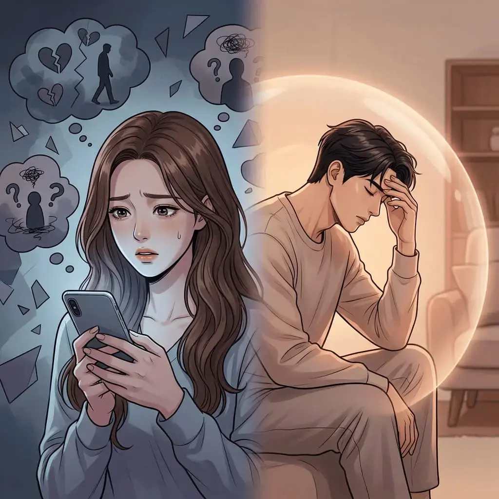 연락이 줄어든 회피형 남자와 불안한 여자가 혼자만의 시간과 감정 거리감 속에서 관계를 고민하는 장면