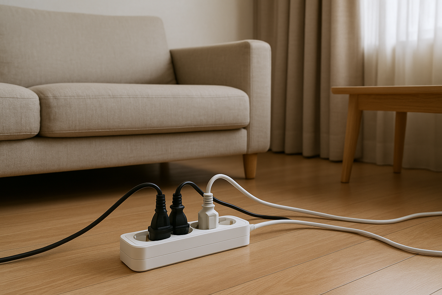 거실 바닥 멀티탭의 안전한 배치와 정돈된 전선 모습