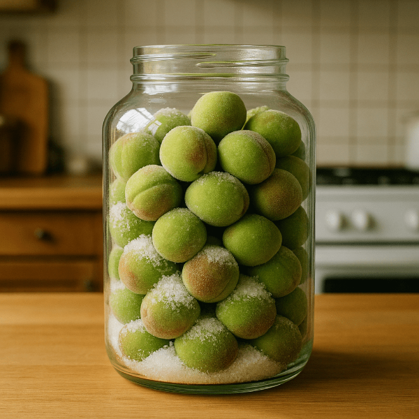 유리병 안 개복숭아와 설탕