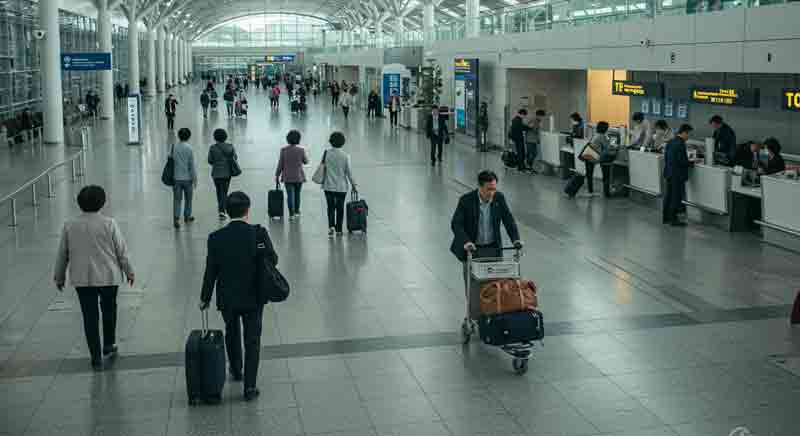공항 내부 항공사 체크인 카운터 전경