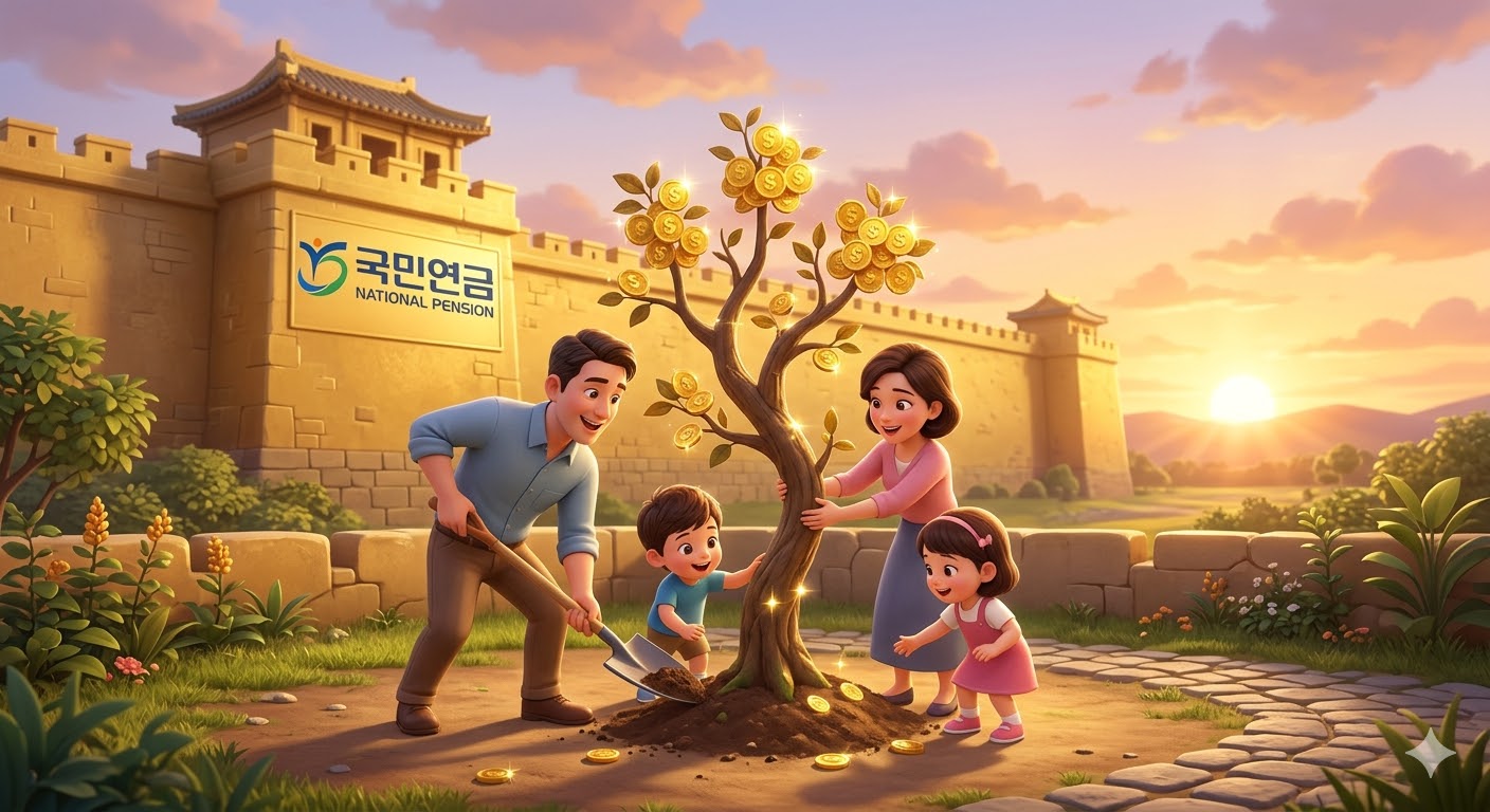 아빠가 든든한 나무 한 그루(적립식 계좌)를 심고 있고, 그 나무에서 황금색 열매(노후 자금)가 열리는 배경 뒤로 국민연금 로고가 든든하게 받쳐주는 3D 일러스트