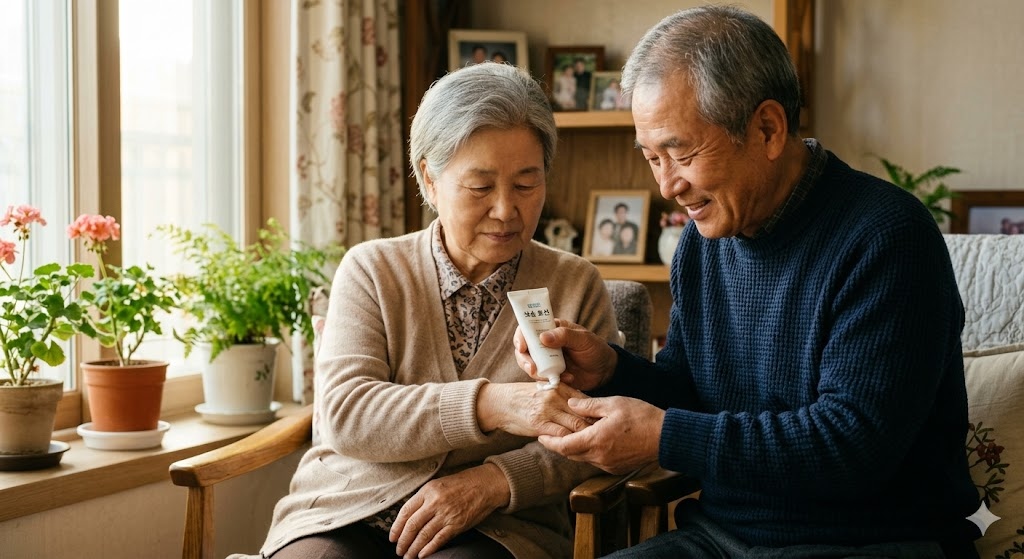 치매 환자 아내에게 부드럽게 화장품을 발라주는 보호자의 손길