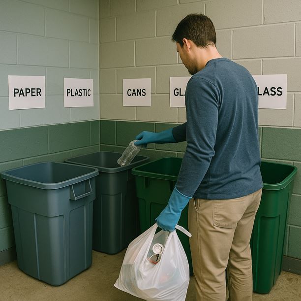 남자가 분리수거장에서 쓰레기를 분리해서 버리고 있다