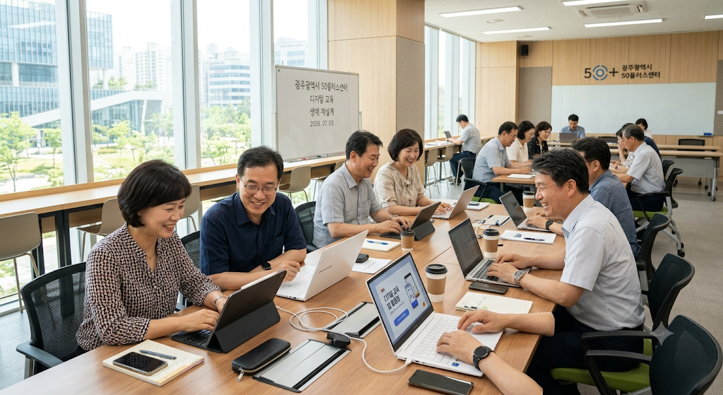 광주광역시 50플러스센터의 세련되고 쾌적한 강의실에서 신중년 수강생들이 디지털 장비 및 인프라 교육을 정독하며 제2의 커리어를 준비하는 활기찬 모습.