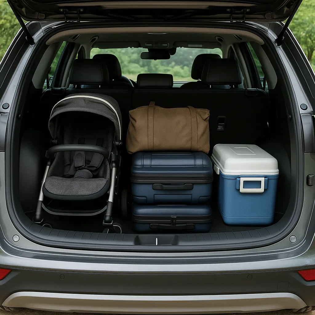유모차와 짐이 정리된 SUV 트렁크 적재 공간
