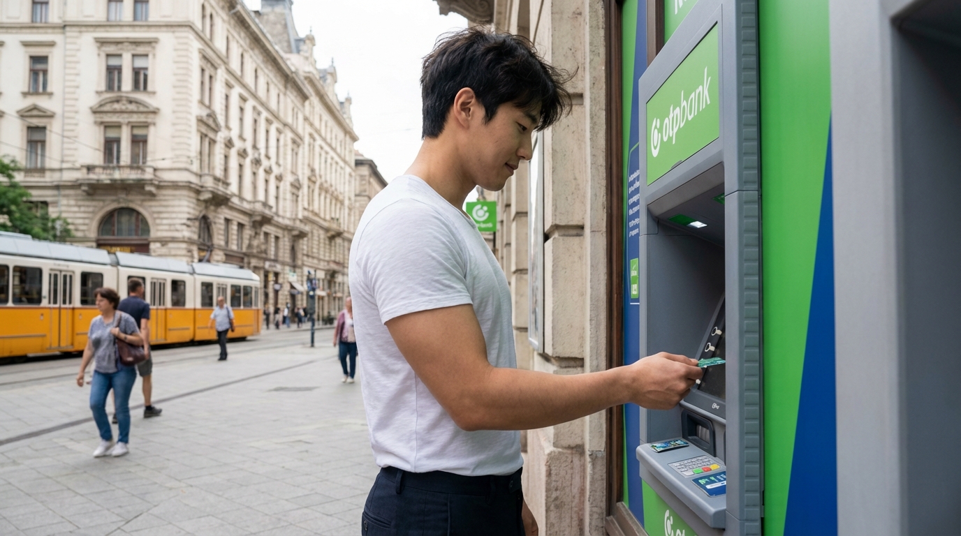 부다페스트 시내 OTP Bank ATM 기기 앞에서 트래블카드로 포린트를 인출하는 모습
