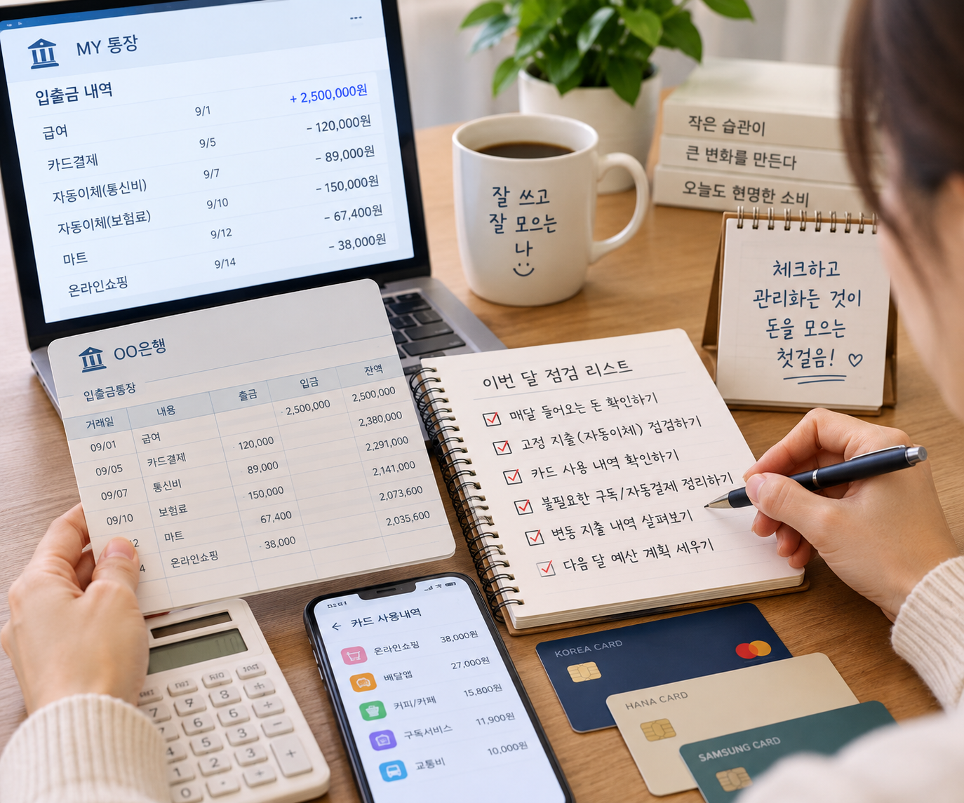 통장 입출금 내역과 카드 사용 내역을 살펴보며 매달 들어오는 수입과 나가는 지출을 점검하는 모습