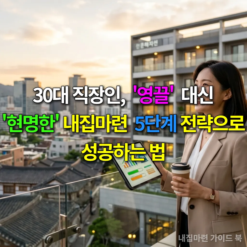 30대 한국인 직장 여성이 태블릿을 들고 서울 도심의 아파트 단지를 바라보며 내집마련의 꿈을 꾸는 모습