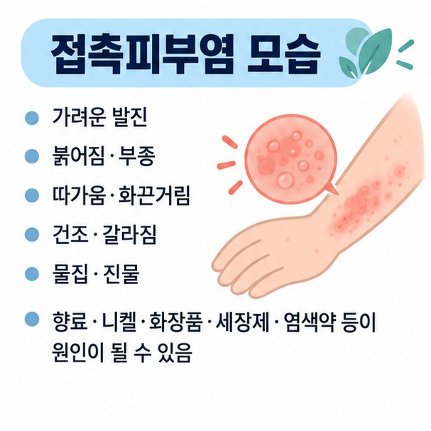 향료 니켈 화장품 세정제 염색약 접착제 등 접촉피부염을 유발할 수 있는 물질을 정리한 이미지