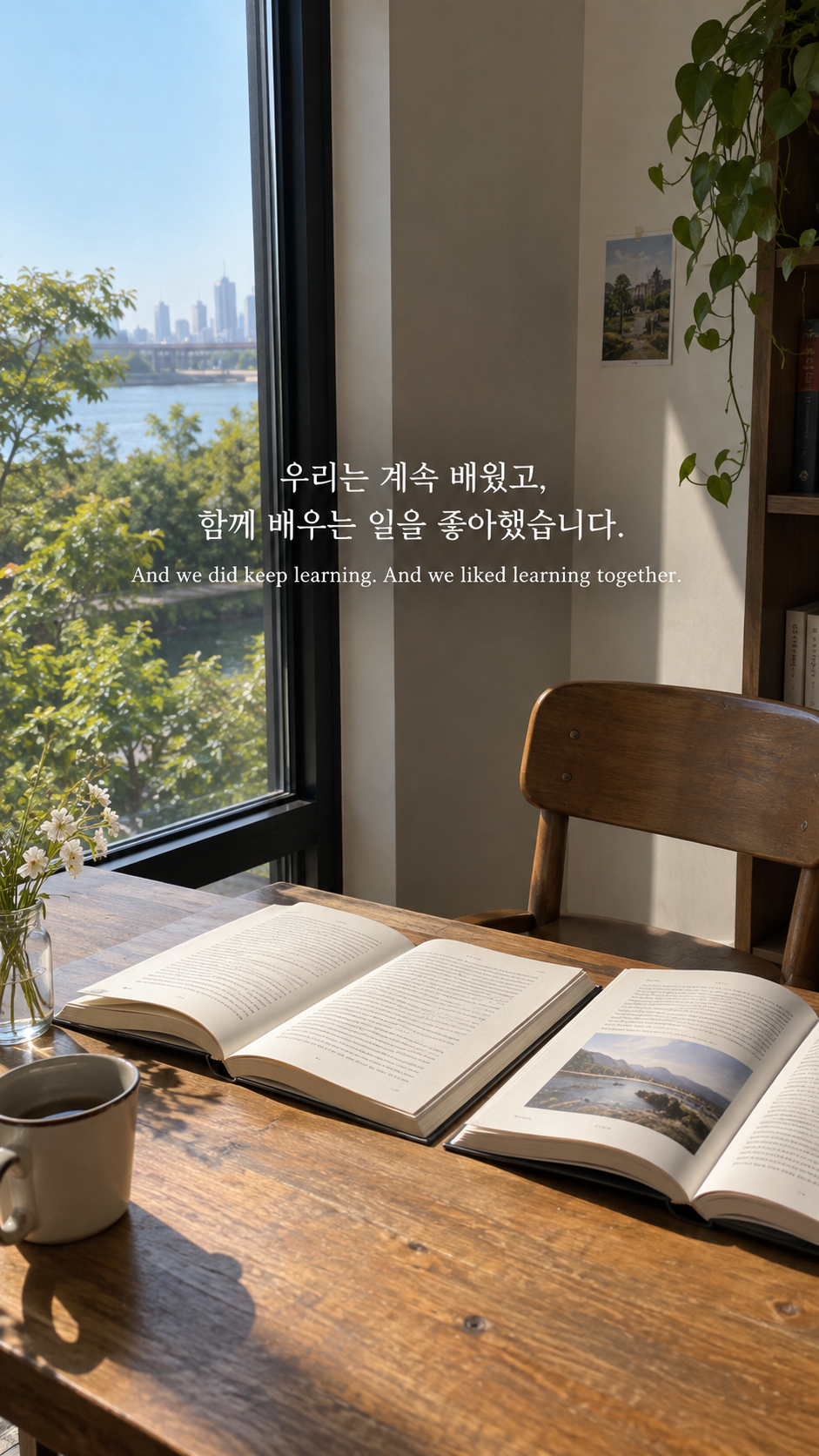 나란히 펼쳐진 두 권의 책과 빈 의자에 함께 배우는 관계에 관한 워렌 버핏 명언이 적힌 이미지