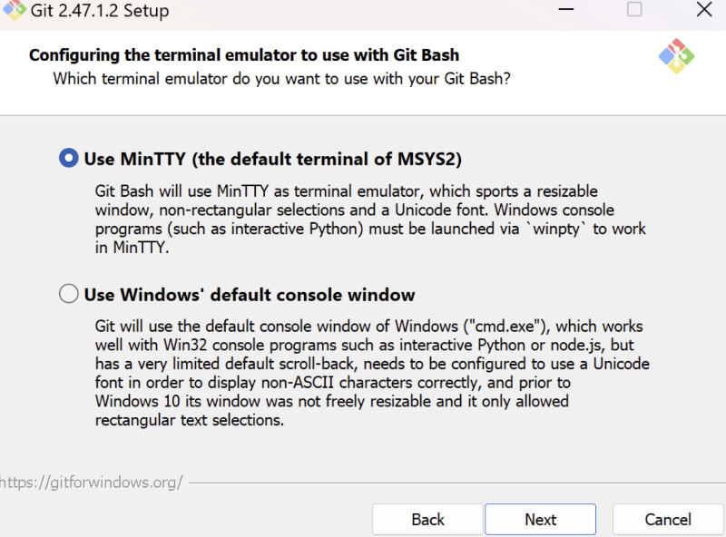 Git Bash 터미널 에뮬레이터 선택 화면