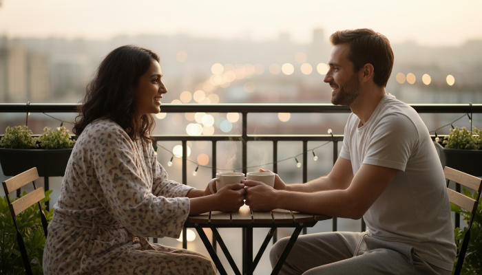 발코니에서 커피를 마시며 여유롭게 일상 대화를 나누는 행복한 커플의 아침 풍경