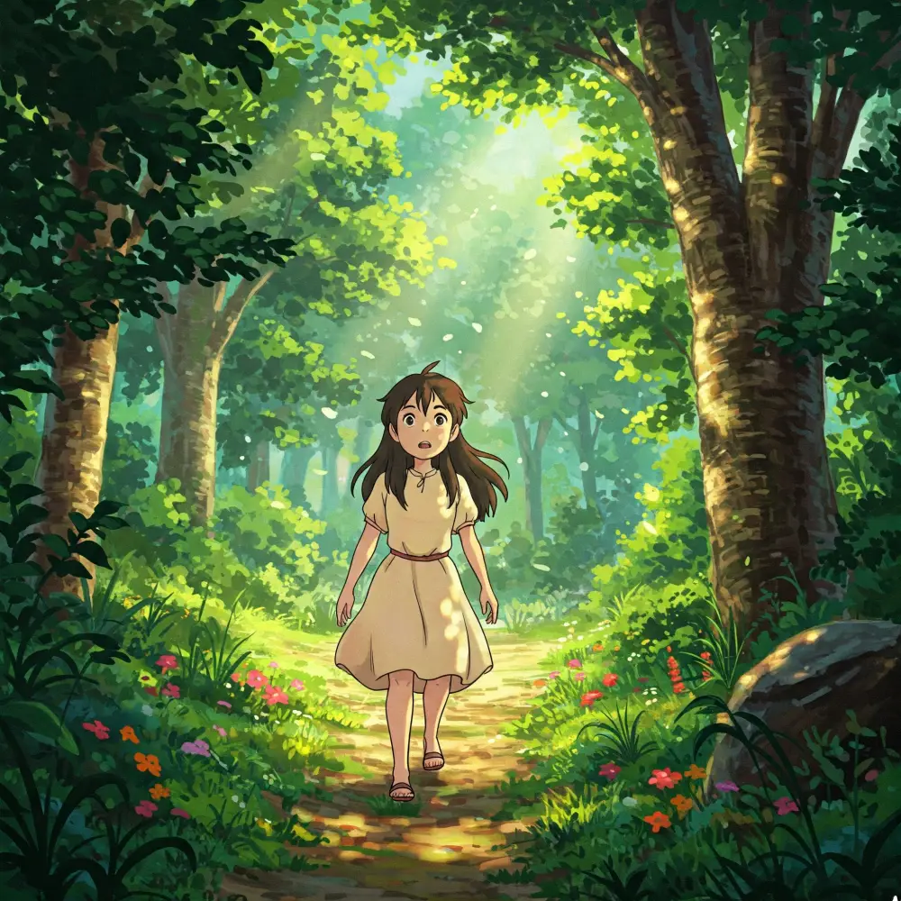 숲 속에 있는 어린 소녀를 지브리 스타일로 그린 이미지