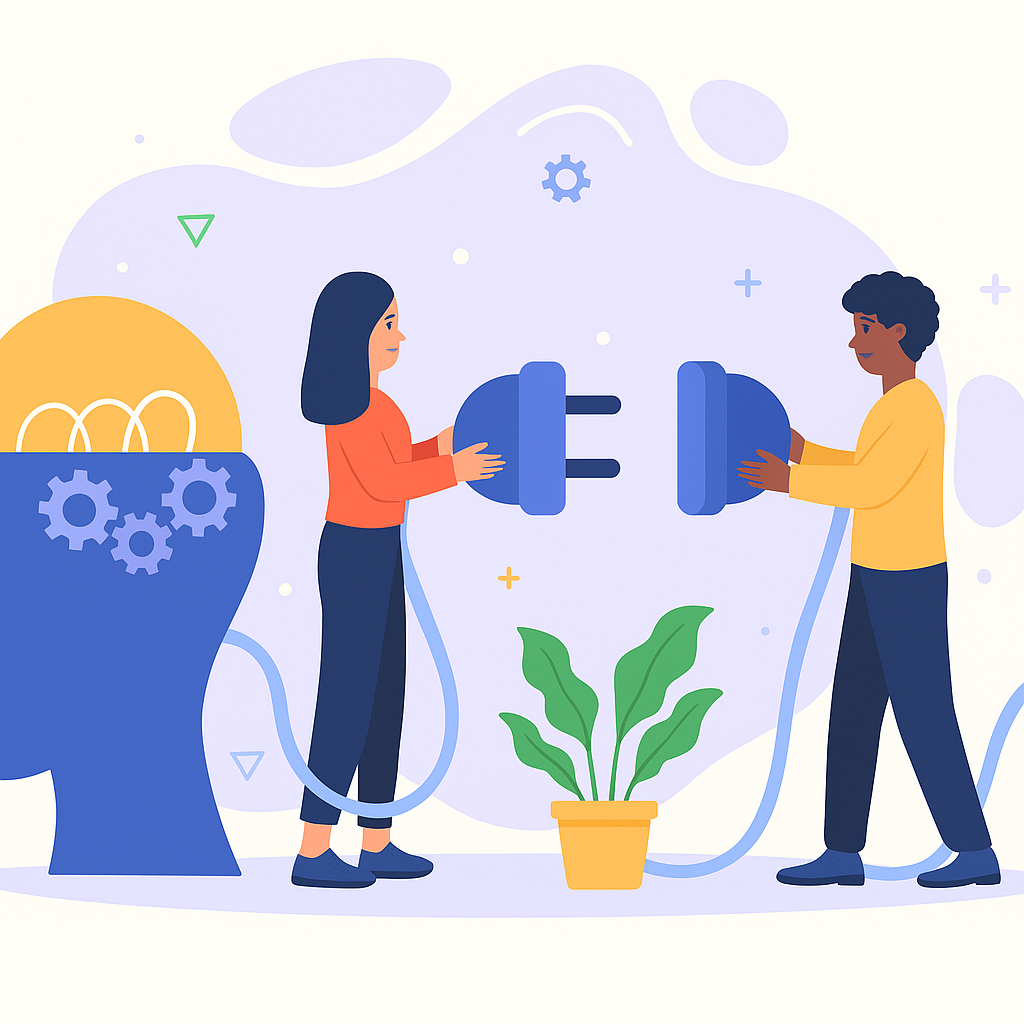 두 사람이 커다란 전기 플러그를 서로 연결하려는 장면. 한쪽은 머리 모양의 구조에서 플러그를 꺼내고, 다른 한쪽은 그것을 연결하며 소통을 시도하는 모습