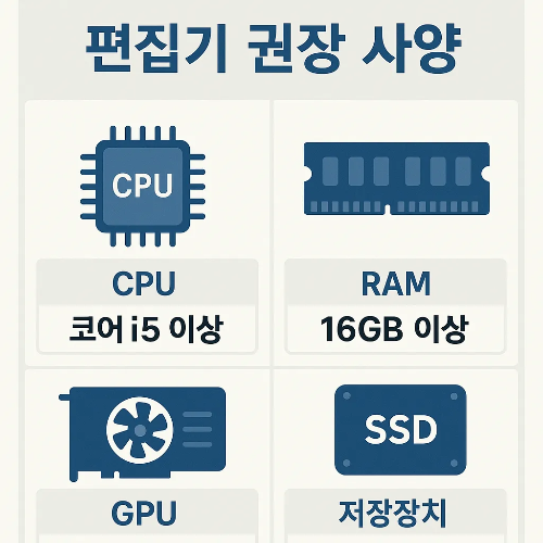 유튜브 동영상 편집프로그램 실행을 위한 권장 사양을 설명한 인포그래픽으로, CPU i5 이상, RAM 16GB 이상, GPU, SSD 저장장치 필요 조건을 시각적으로 보여줍니다.
