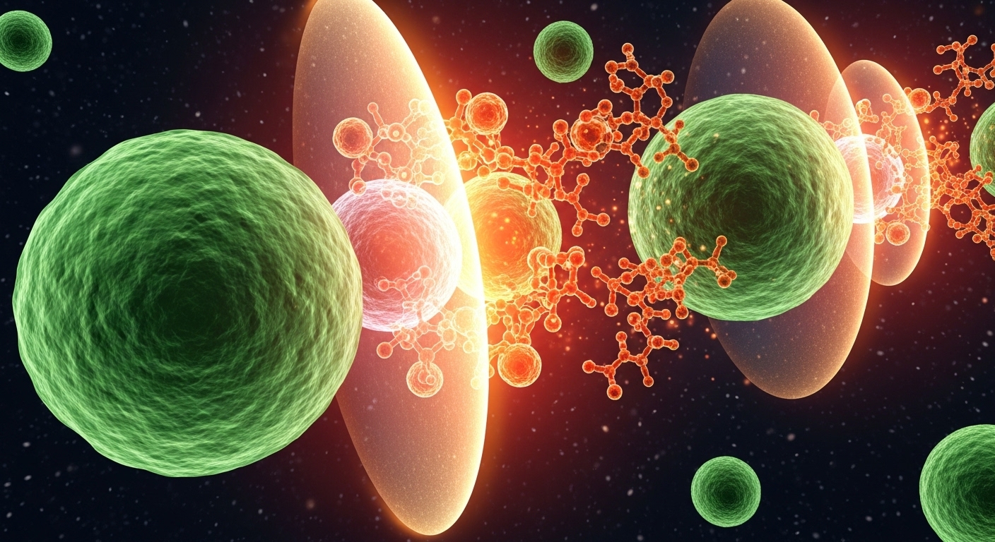 활성산소로부터 세포를 보호하며 면역력을 강화하는 비타민C의 항산화 작용을 묘사한 추상적인 이미지.