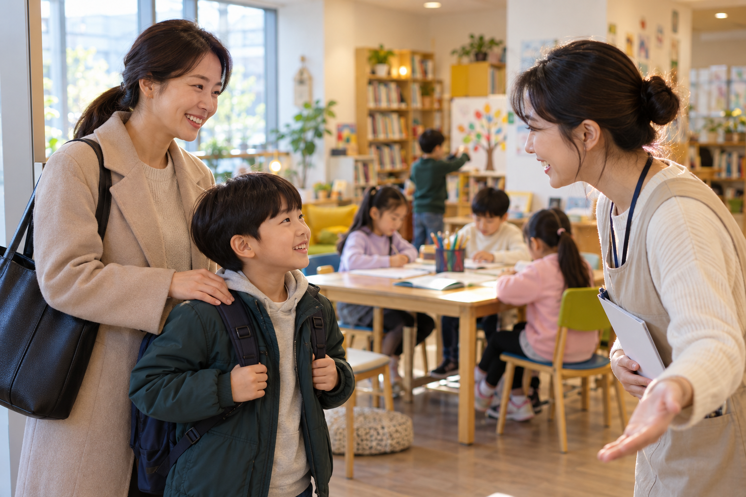 지역아동센터 이용 신청 전, 돌봄 필요·이용결정·센터 적응을 확인하는 순서 상황을 부모와 아이가 실제 생활 공간에서 함께 확인하는 장면