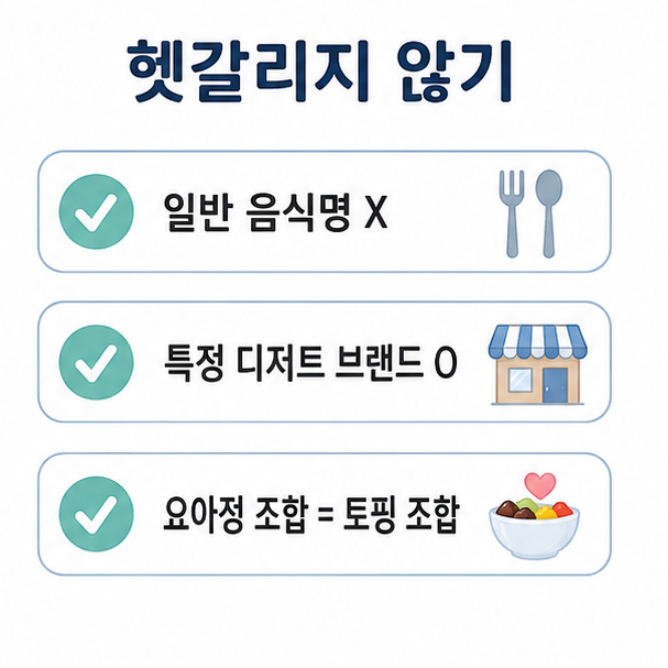 요아정은 일반적인 음식 이름이 아니라 특정 디저트 브랜드이며 &lsquo;요아정 조합&rsquo;은 토핑 조합을 뜻한다는 설명 이미지