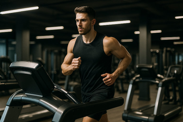 러닝머신에서 혼자 운동하는 청년