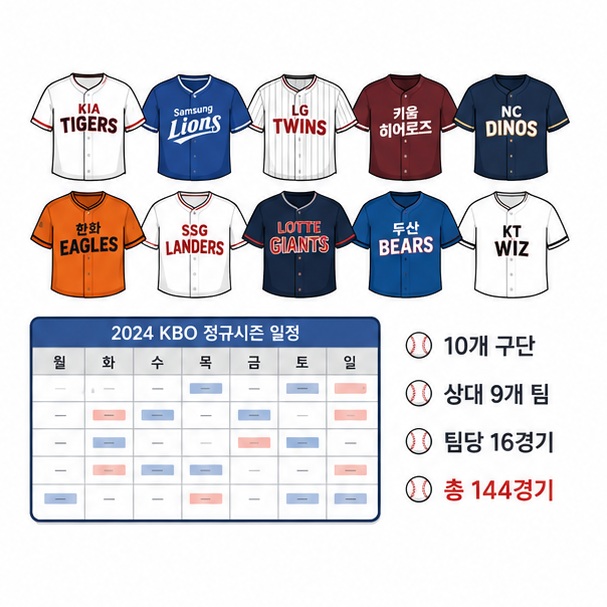 KBO 10개 구단이 다른 9개 팀과 각각 16경기를 치러 한 팀의 정규시즌이 총 144경기가 되는 구조를 설명한 이미지