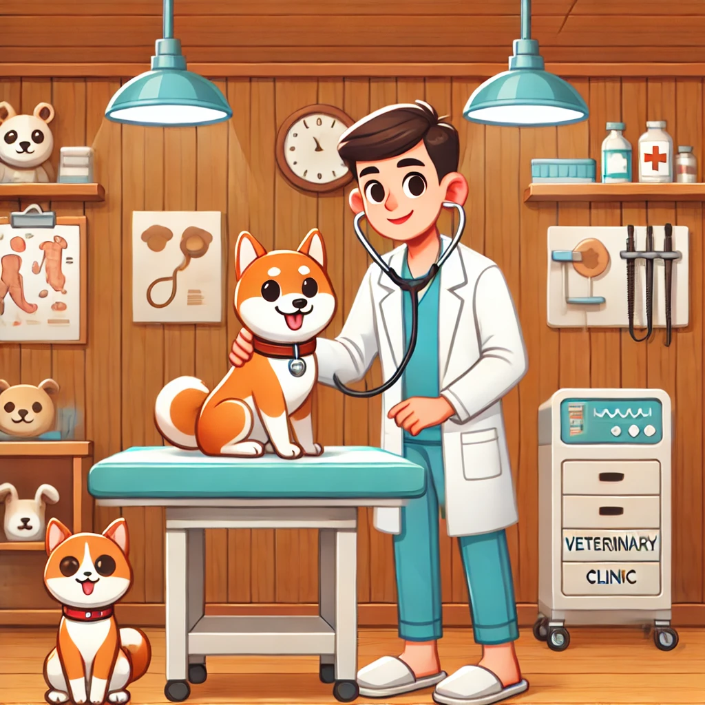 A friendly veterinarian examining a happy Shiba Inu dog on the table while a curious cat watches at a cozy veterinary clinic