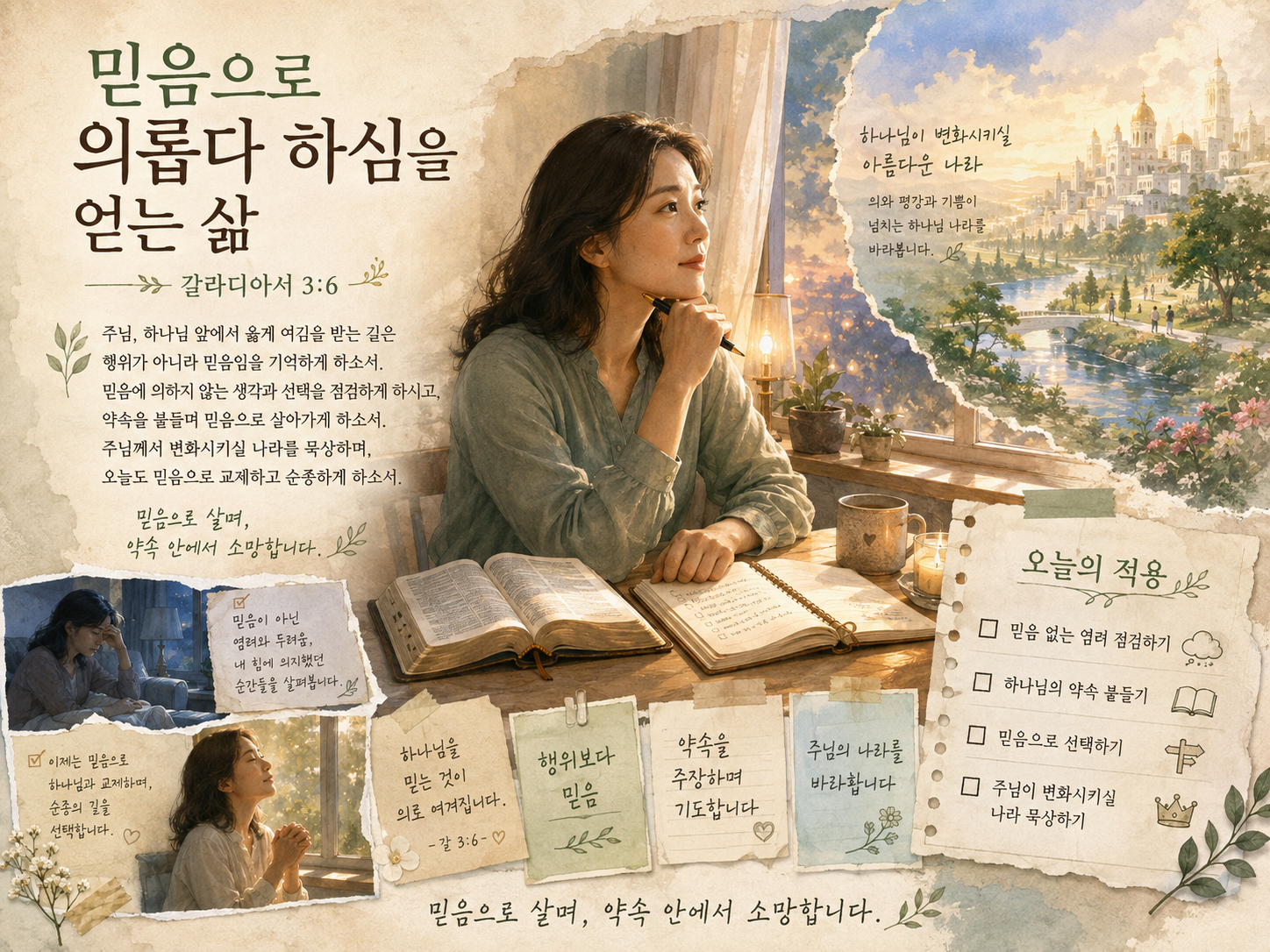 갈 3:6 말씀에서 하나님 앞에서 옳게 여김을 받는 것은 하나님을 믿는 것이며, 이것이 하나님과 화목하게 하는 것이고, 하나님과 진정한 교제를 가능케 하는 것임을 기억할 때, 살아가면서 믿음에 의하지 않는 것을 점검하고, 믿음을 가지고 살아가려는 시도 중 하나로 약속을 주장하며 주님께서 변화시키실 나라를 묵상하는 시간을 가지는 모습입니다.