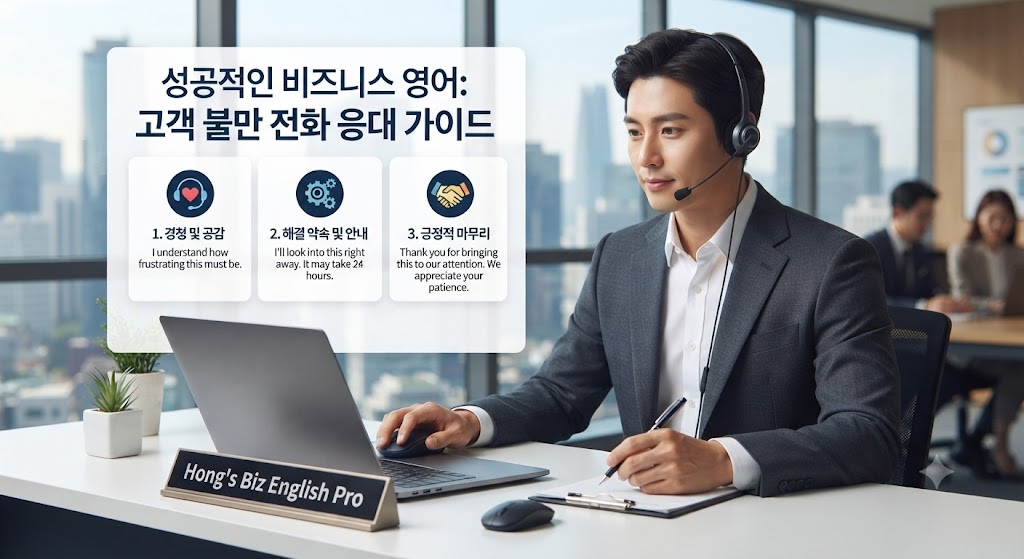 비즈니스 영어 고객 불만 전화 응대 가이드: 헤드셋을 착용하고 차분하게 고객의 목소리를 경청하며 문제 해결책을 기록하는 전문가