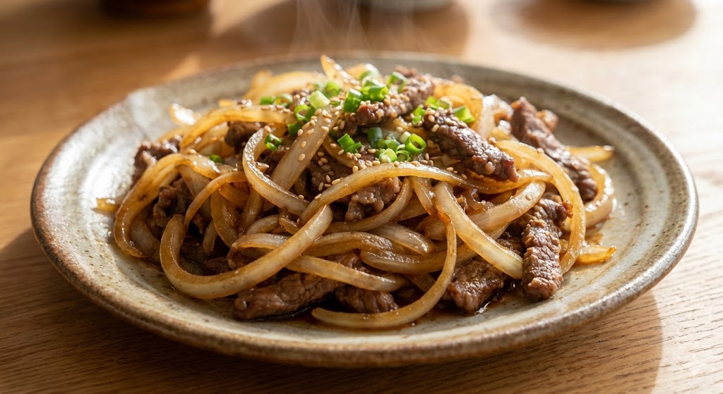 노릇하게 구워진 고기와 캐러멜라이징 되어 달콤함이 극대화된 양파의 환상적인 만남