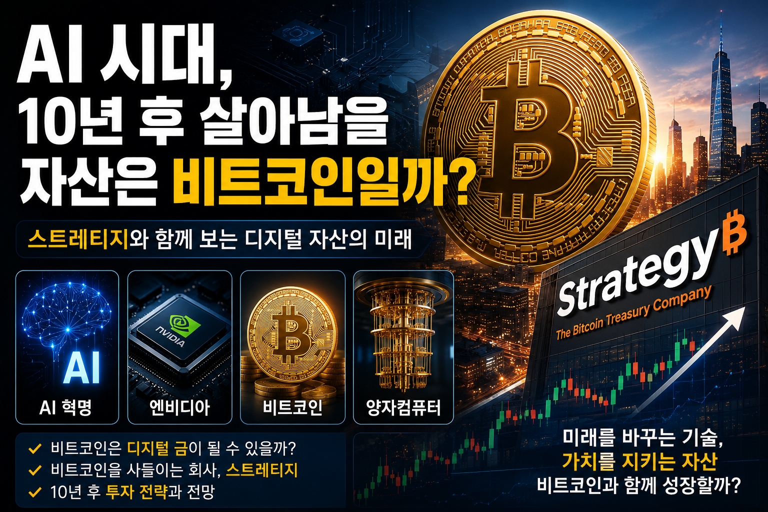 AI 시대와 비트코인, 스트레티지를 상징하는 디지털 자산 투자 이미지로 비트코인과 AI, 양자컴퓨터를 표현한 미래 투자 콘셉트