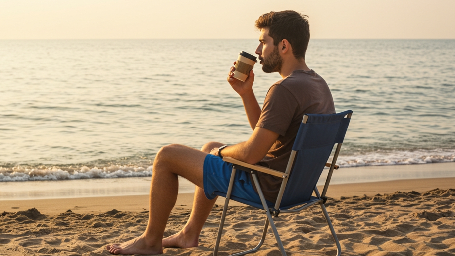 바닷가에서 커피마시는 남성-사진