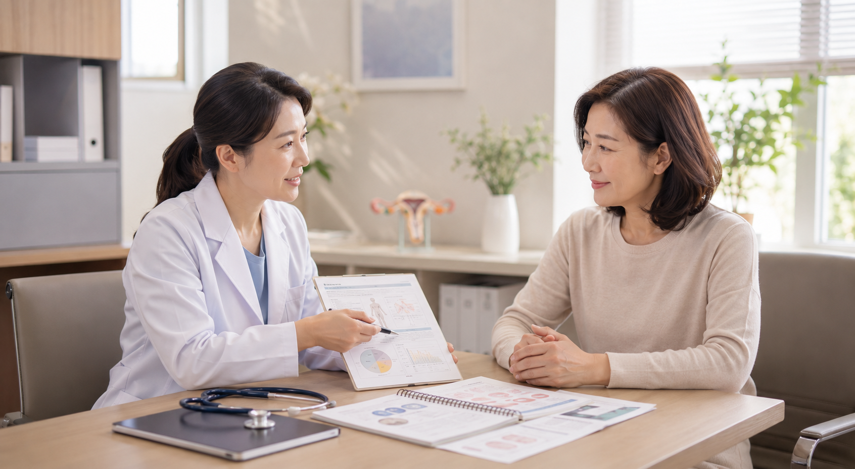 갱년기 건강관리와 치료 방법을 여성 의사에게 상담받는 여성